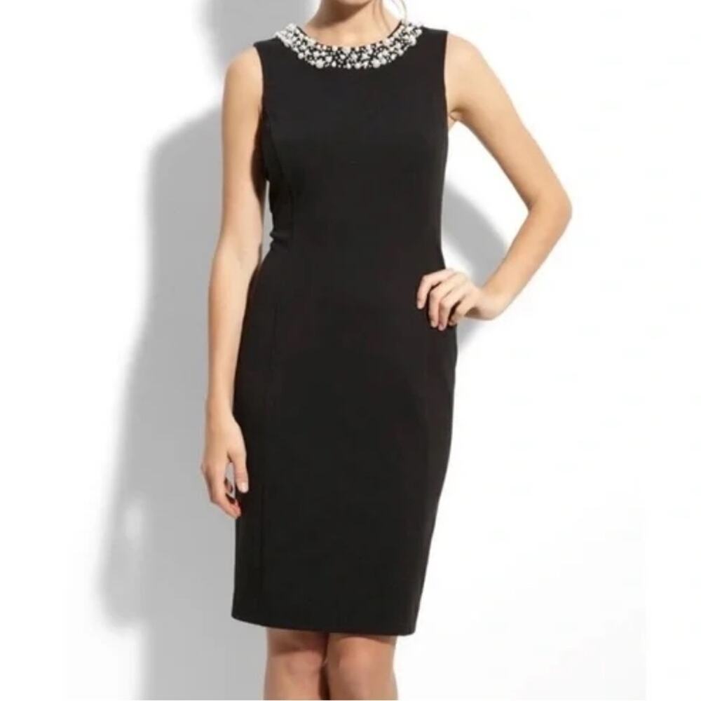 Calvin Klein faux pearl neckline sheath dress dressy party dress black size 8P